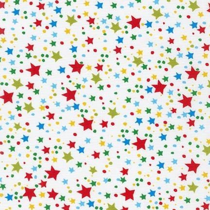 Cotton quilting fabric pattern called 'Stars in Multi'. Part of the 'How the Grinch Stole Christmas' fabric collection. Designed by Dr Suess Enterprises for fabric company Robert Kaufman. SKU: ADE-20282-205. 44-45 inch width.