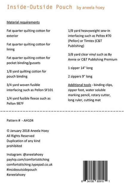 Inside Outside Pouch - Sewing Pattern - Aneela Hoey - Paper Pattern