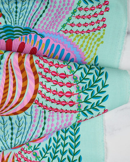 Cotton quilting fabric pattern called 'Compromise in Aqua'. Part of the 'Our Fair Home' fabric collection. Designed by Anna Maria Horner for fabric company Free Spirit Fabrics. SKU: PWAH205.AQUA. 44-45 inch width.