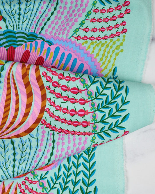 Cotton quilting fabric pattern called 'Compromise in Aqua'. Part of the 'Our Fair Home' fabric collection. Designed by Anna Maria Horner for fabric company Free Spirit Fabrics. SKU: PWAH205.AQUA. 44-45 inch width.