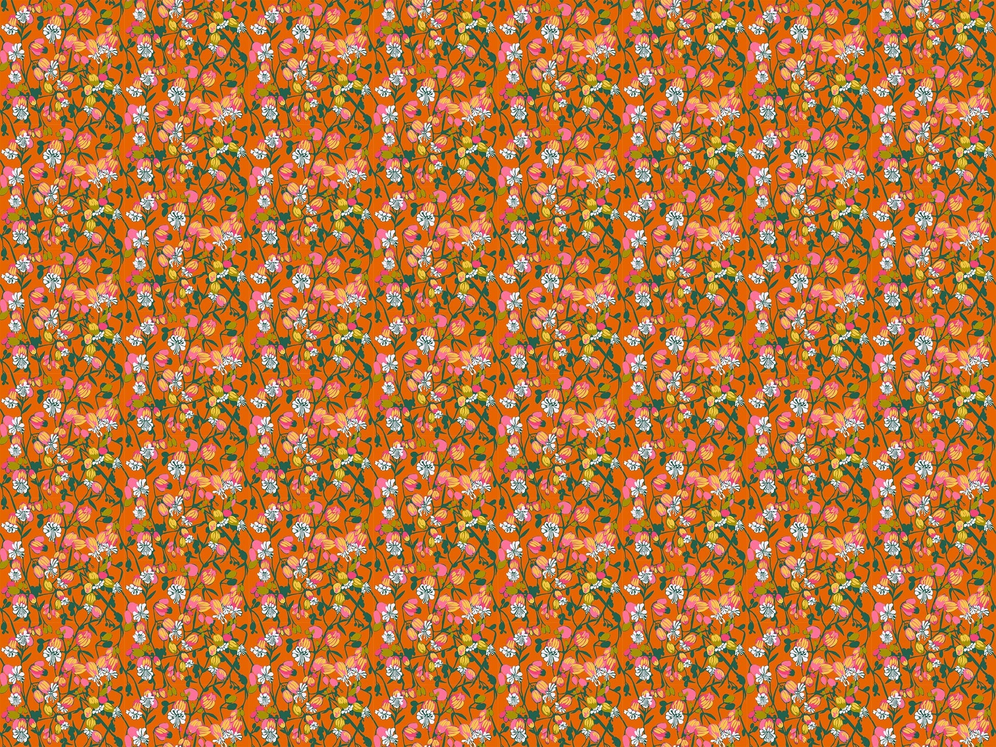 A closeup shot of the quilting fabric called Silene, designed by Anna Maria Horner, in the tangerine colorway. The SKU is AMT127-59L.