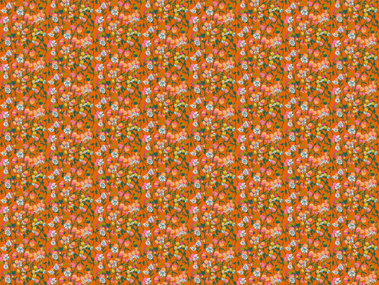 A closeup shot of the quilting fabric called Silene, designed by Anna Maria Horner, in the tangerine colorway. The SKU is AMT127-59L.