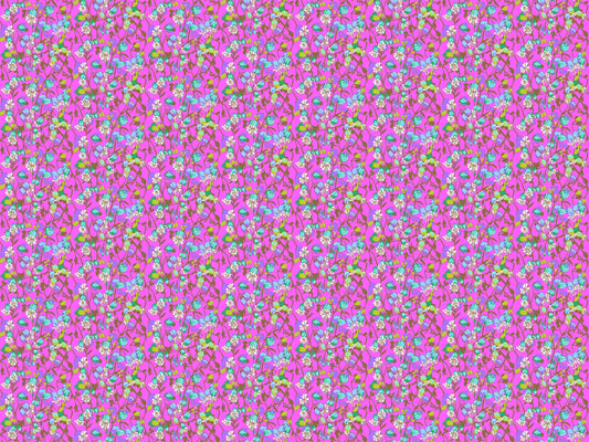 A closeup shot of the quilting fabric pattern called Silene, designed by Anna Maria Horner, in the fuchsia colorway. The SKU is AMT127-4V.