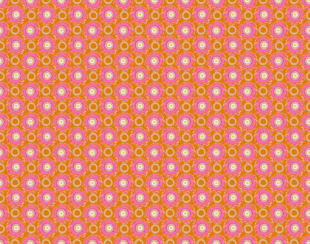 A closeup shot of the quilting fabric pattern called Whirling, designed by Anna Maria Horner, in the toast colorway. The SKU is AMT129-58C.