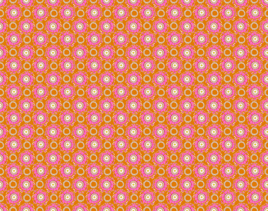 A closeup shot of the quilting fabric pattern called Whirling, designed by Anna Maria Horner, in the toast colorway. The SKU is AMT129-58C.