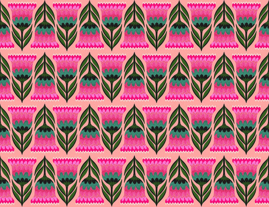 A closeup shot of the quilting fabric pattern called Celosia, designed by Anna Maria Horner, in the punch colorway. The SKU is AMT130-23L.
