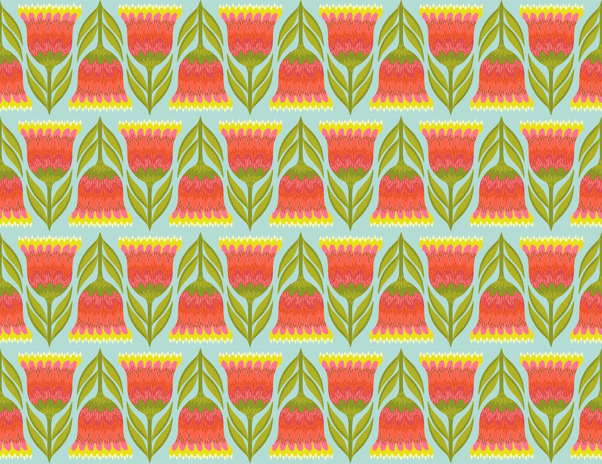 A closeup shot of the quilting fabric pattern called Celosia, designed by Anna Maria Horner, in the lime colorway. The SKU is AMT130-74V.