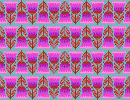 A closeup shot of the quilting fabric pattern called Celosia, designed by Anna Maria Horner, in the amber colorway. The SKU is AMT130-83C.