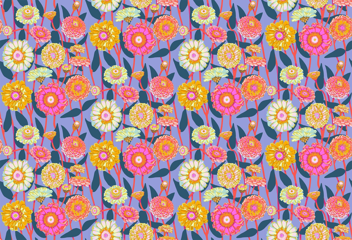 A closeup shot of the quilting fabric pattern called Zinnia Show, designed by Anna Maria Horner, in the glow colorway. The SKU is AMT131-42C.