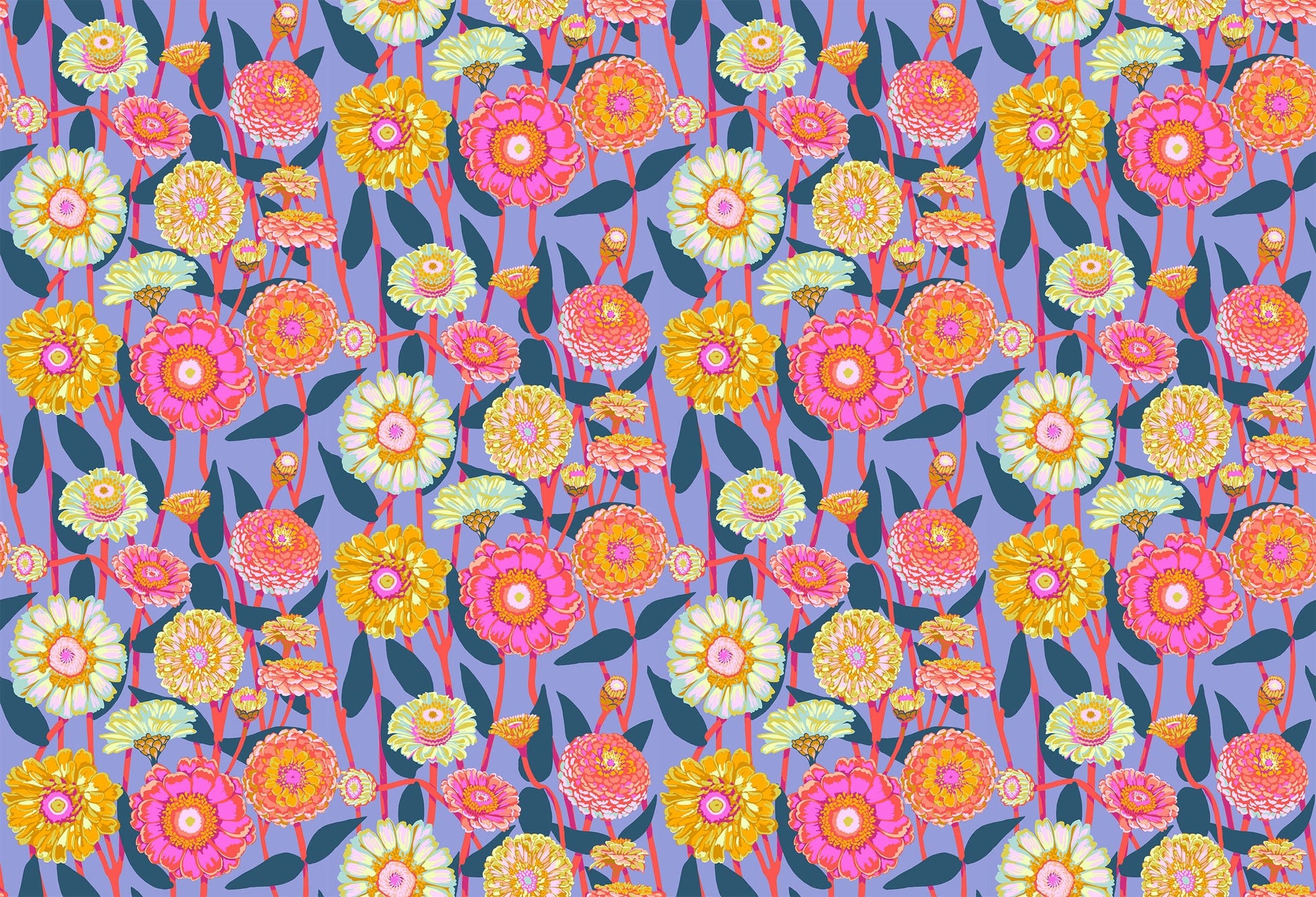 A closeup shot of the quilting fabric pattern called Zinnia Show, designed by Anna Maria Horner, in the glow colorway. The SKU is AMT131-42C.