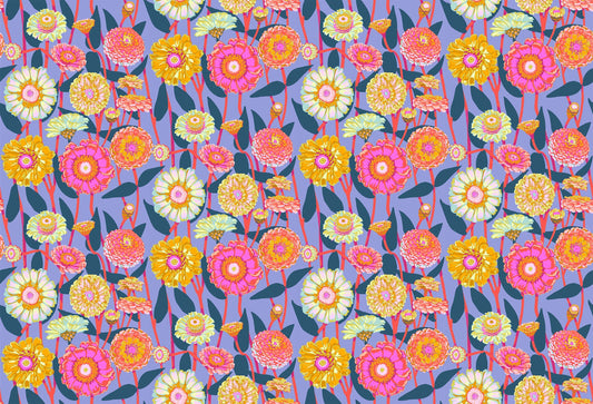 A closeup shot of the quilting fabric pattern called Zinnia Show, designed by Anna Maria Horner, in the glow colorway. The SKU is AMT131-42C.