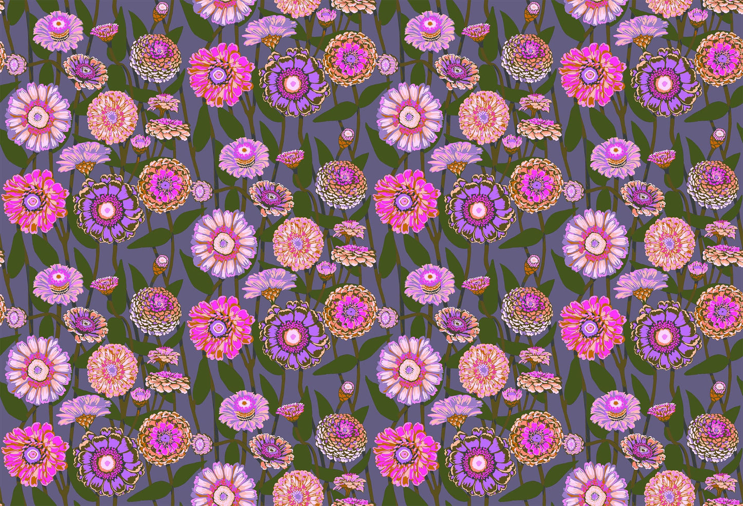 A closeup shot of the quilting fabric pattern called Zinnia Show, designed by Anna Maria Horner, in the mauve colorway. The SKU is AMT131-82V.