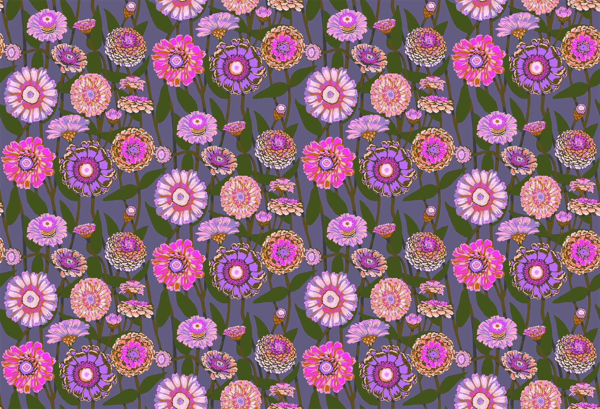 A closeup shot of the quilting fabric pattern called Zinnia Show, designed by Anna Maria Horner, in the mauve colorway. The SKU is AMT131-82V.