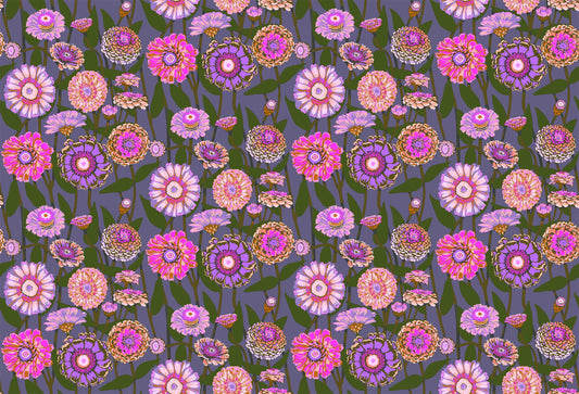 A closeup shot of the quilting fabric pattern called Zinnia Show, designed by Anna Maria Horner, in the mauve colorway. The SKU is AMT131-82V.