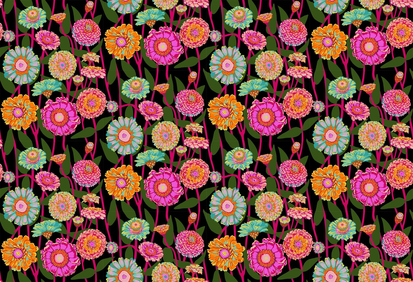 A closeup shot of the quilting fabric pattern called Zinnia Show, designed by Anna Maria Horner, in the berry colorway. The SKU is AMT131-99L.