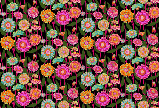 A closeup shot of the quilting fabric pattern called Zinnia Show, designed by Anna Maria Horner, in the berry colorway. The SKU is AMT131-99L.