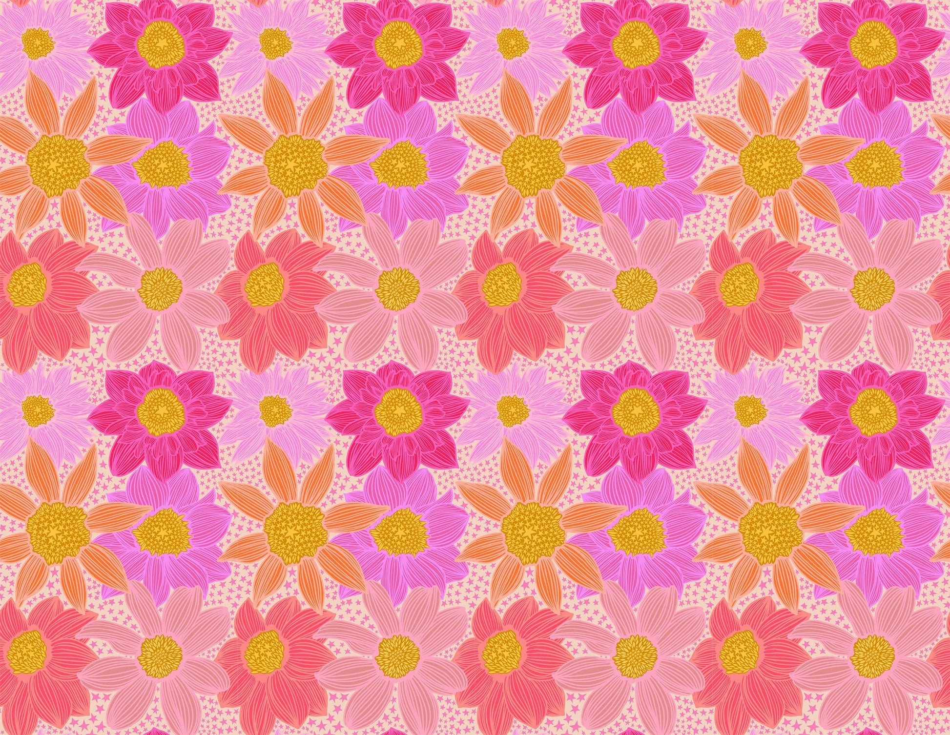 A closeup shot of the quilting fabric pattern called Stars and Stripes, designed by Anna Maria Horner, in the pink colorway. The SKU is AMT132-23C.