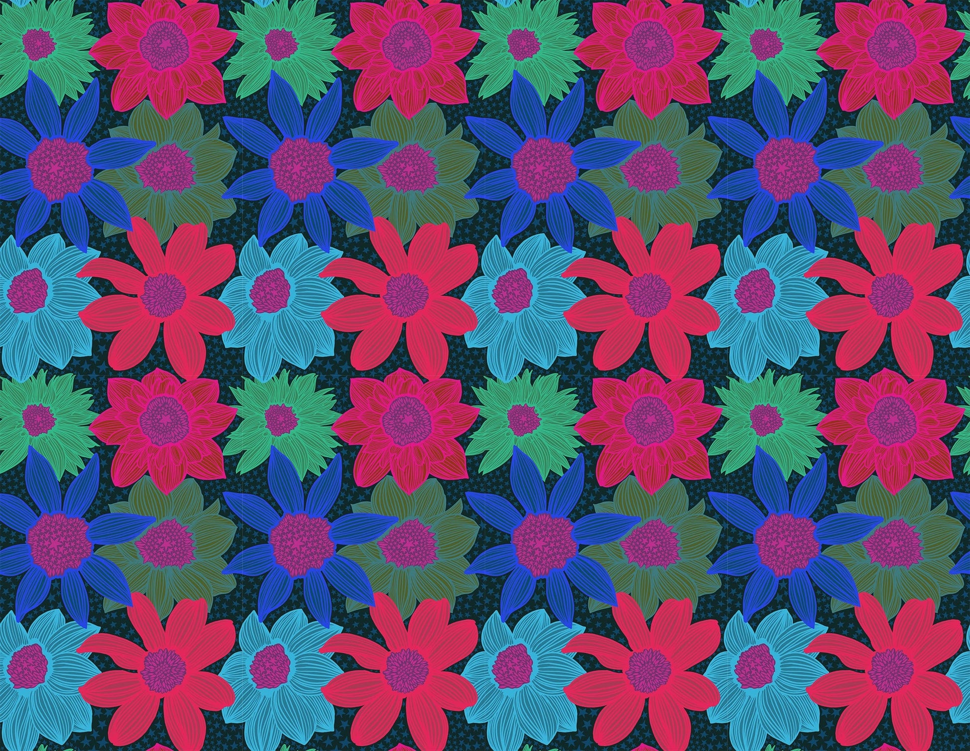 A closeup shot of the quilting fabric pattern called Stars and Stripes, designed by Anna Maria Horner, in the navy colorway. The SKU is AMT132-49L.