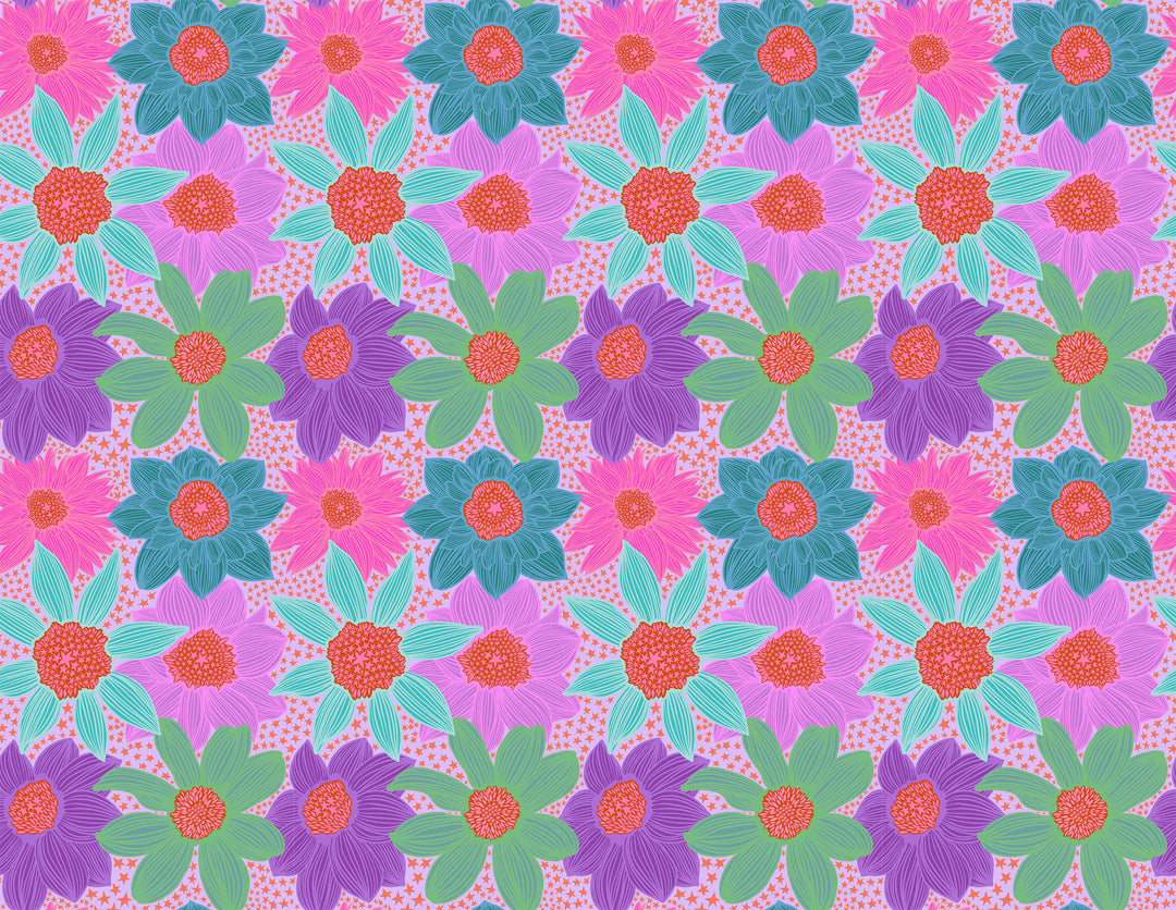 A closeup shot of the quilting fabric pattern called Stars and Stripes, designed by Anna Maria Horner, in the lavender colorway. The SKU is AMT132-84V.