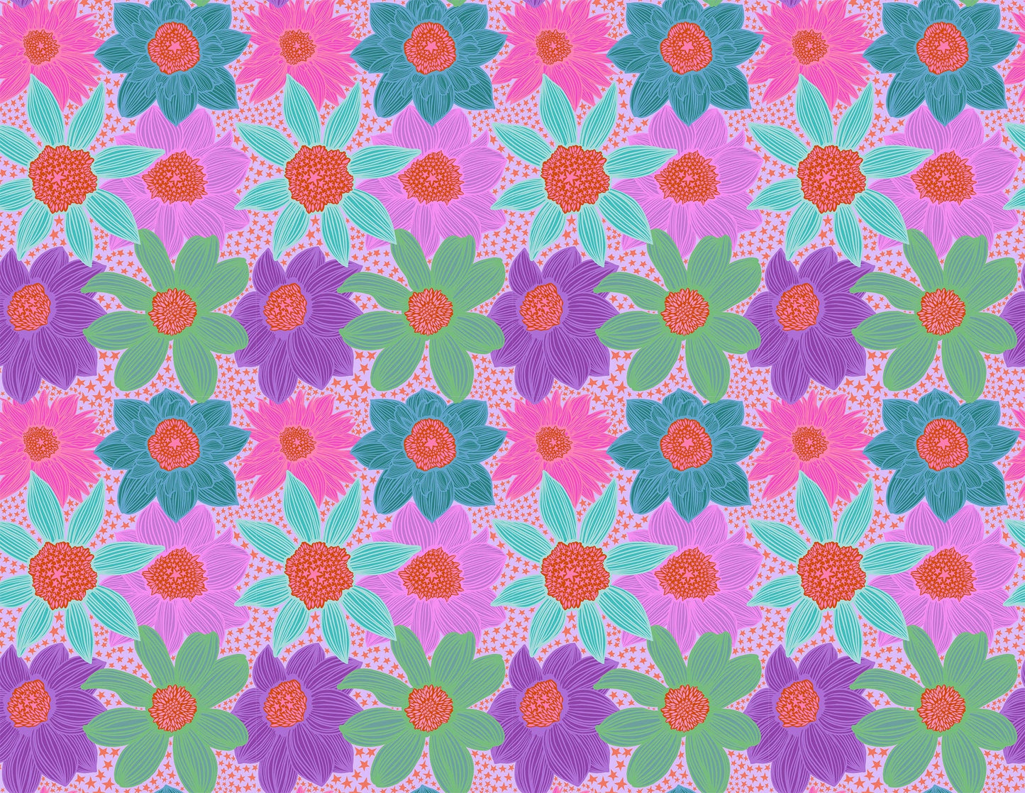 A closeup shot of the quilting fabric pattern called Stars and Stripes, designed by Anna Maria Horner, in the lavender colorway. The SKU is AMT132-84V.