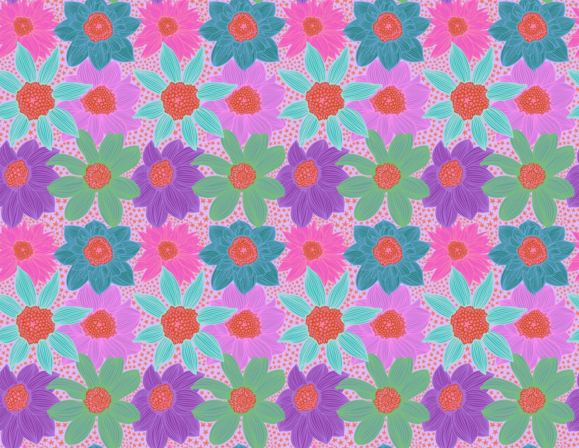 A closeup shot of the quilting fabric pattern called Stars and Stripes, designed by Anna Maria Horner, in the lavender colorway. The SKU is AMT132-84V.