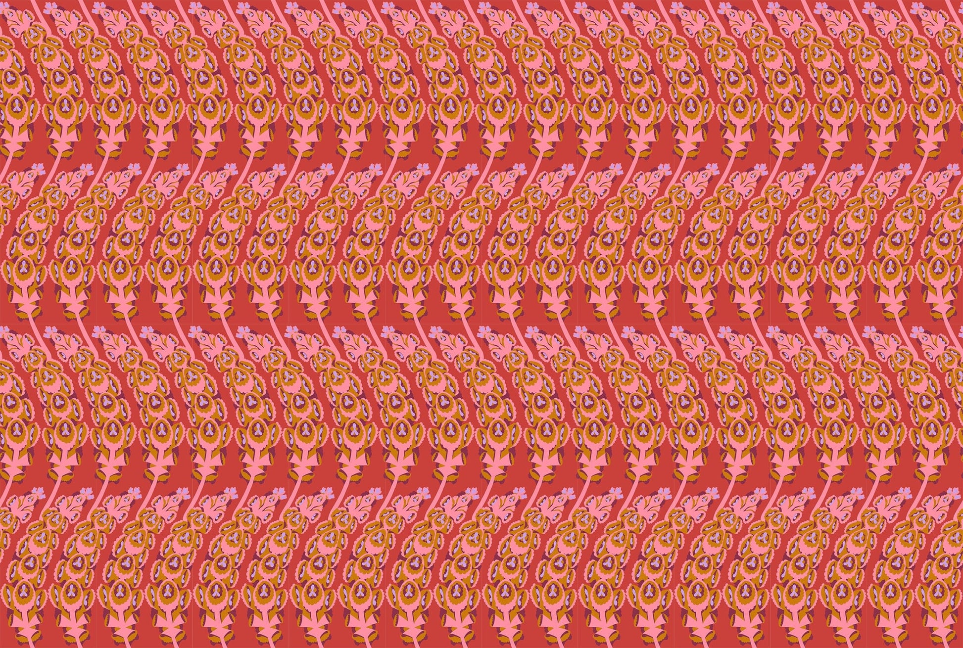 A closeup shot of the quilting fabric pattern called Bells of Ireland, designed by Anna Maria Horner, in the coral colorway. The SKU is AMT133-38V.