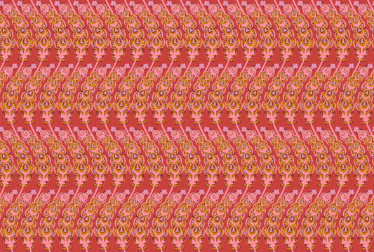 A closeup shot of the quilting fabric pattern called Bells of Ireland, designed by Anna Maria Horner, in the coral colorway. The SKU is AMT133-38V.
