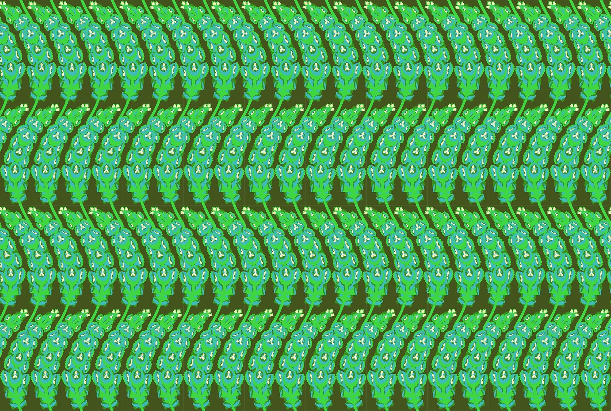 A closeup shot of the quilting fabric pattern called Bells of Ireland, designed by Anna Maria Horner, in the moss colorway. The SKU is AMT133-78L.