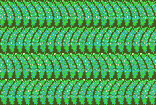 A closeup shot of the quilting fabric pattern called Bells of Ireland, designed by Anna Maria Horner, in the moss colorway. The SKU is AMT133-78L.