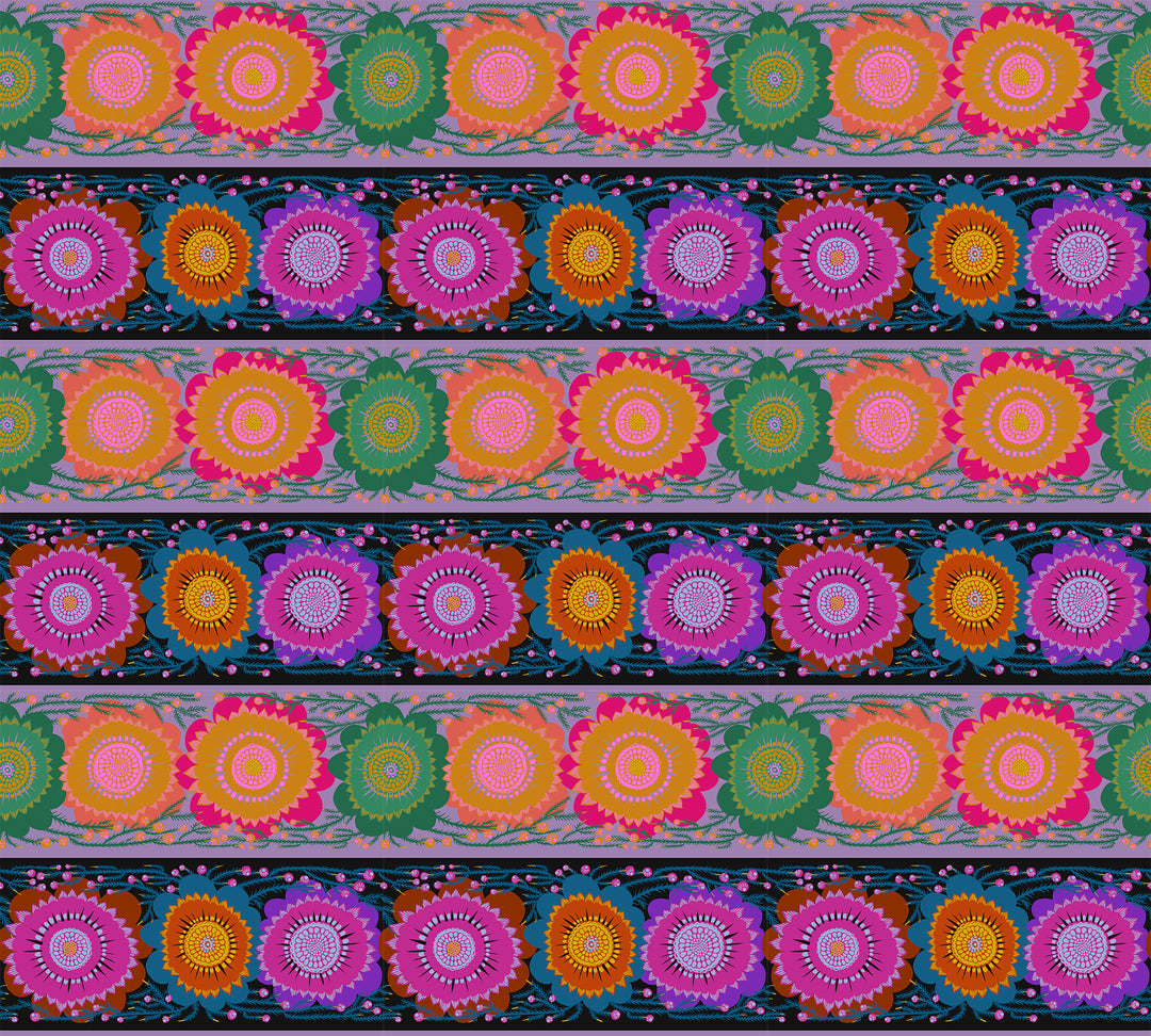 A closeup shot of the quilting fabric pattern called Line Dance, designed by Anna Maria Parry, in the moonlight colorway. The SKU is AMT135-84L.