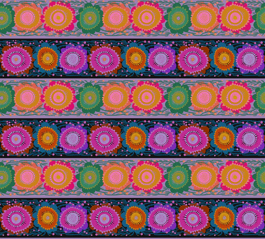 A closeup shot of the quilting fabric pattern called Line Dance, designed by Anna Maria Parry, in the moonlight colorway. The SKU is AMT135-84L.