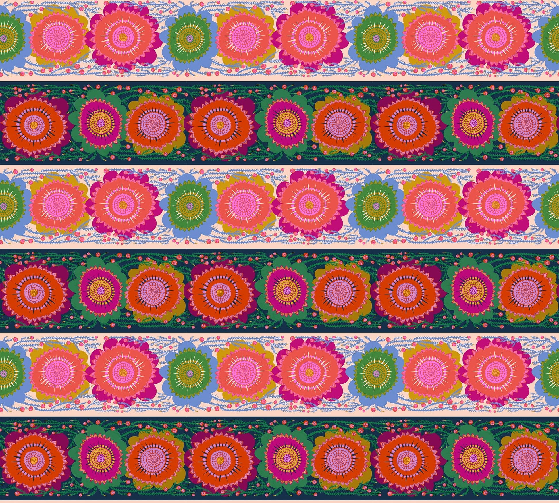 A closeup shot of the quilting fabric pattern called Line Dance, designed by Anna Maria Parry, in the spunky colorway. The SKU is AMT135-86C.