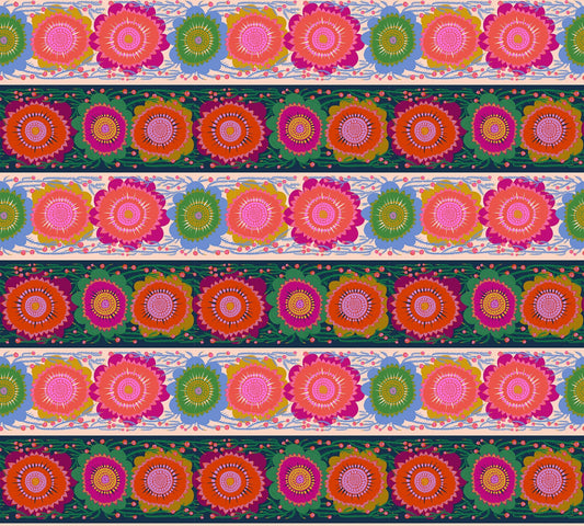 A closeup shot of the quilting fabric pattern called Line Dance, designed by Anna Maria Parry, in the spunky colorway. The SKU is AMT135-86C.