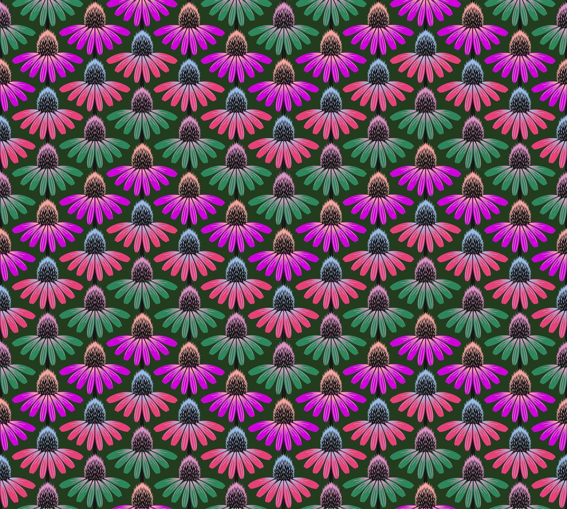 A closeup shot of the quilting fabric pattern called Echinacea Rhythm, designed by Anna Maria Parry, in the forest colorway. The SKU is AMT136-78L.