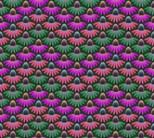A closeup shot of the quilting fabric pattern called Echinacea Rhythm, designed by Anna Maria Parry, in the forest colorway. The SKU is AMT136-78L.