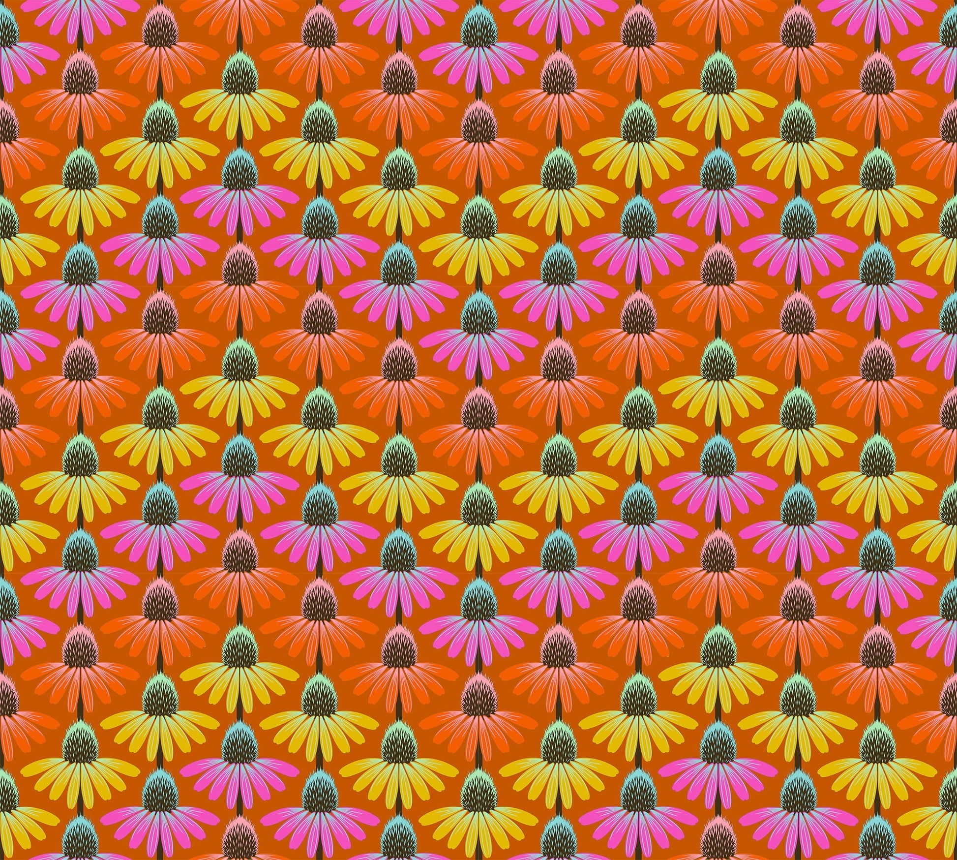 A closeup shot of the quilting fabric pattern called Echinacea Rhythm, designed by Anna Maria Parry, in the fire colorway. The SKU is AMT136-79V.