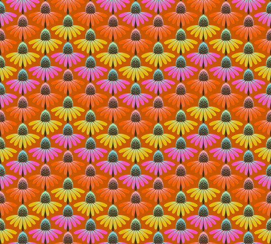 A closeup shot of the quilting fabric pattern called Echinacea Rhythm, designed by Anna Maria Parry, in the fire colorway. The SKU is AMT136-79V.