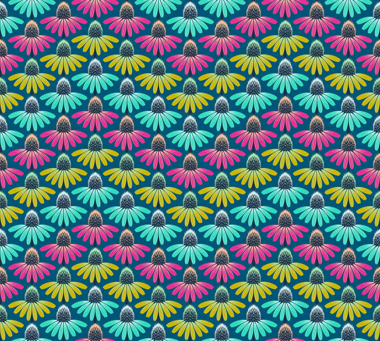 A closeup shot of the quilting fabric pattern called Echinacea Rhythm, designed by Anna Maria Parry, in the parade colorway. The SKU is AMT136-86C.