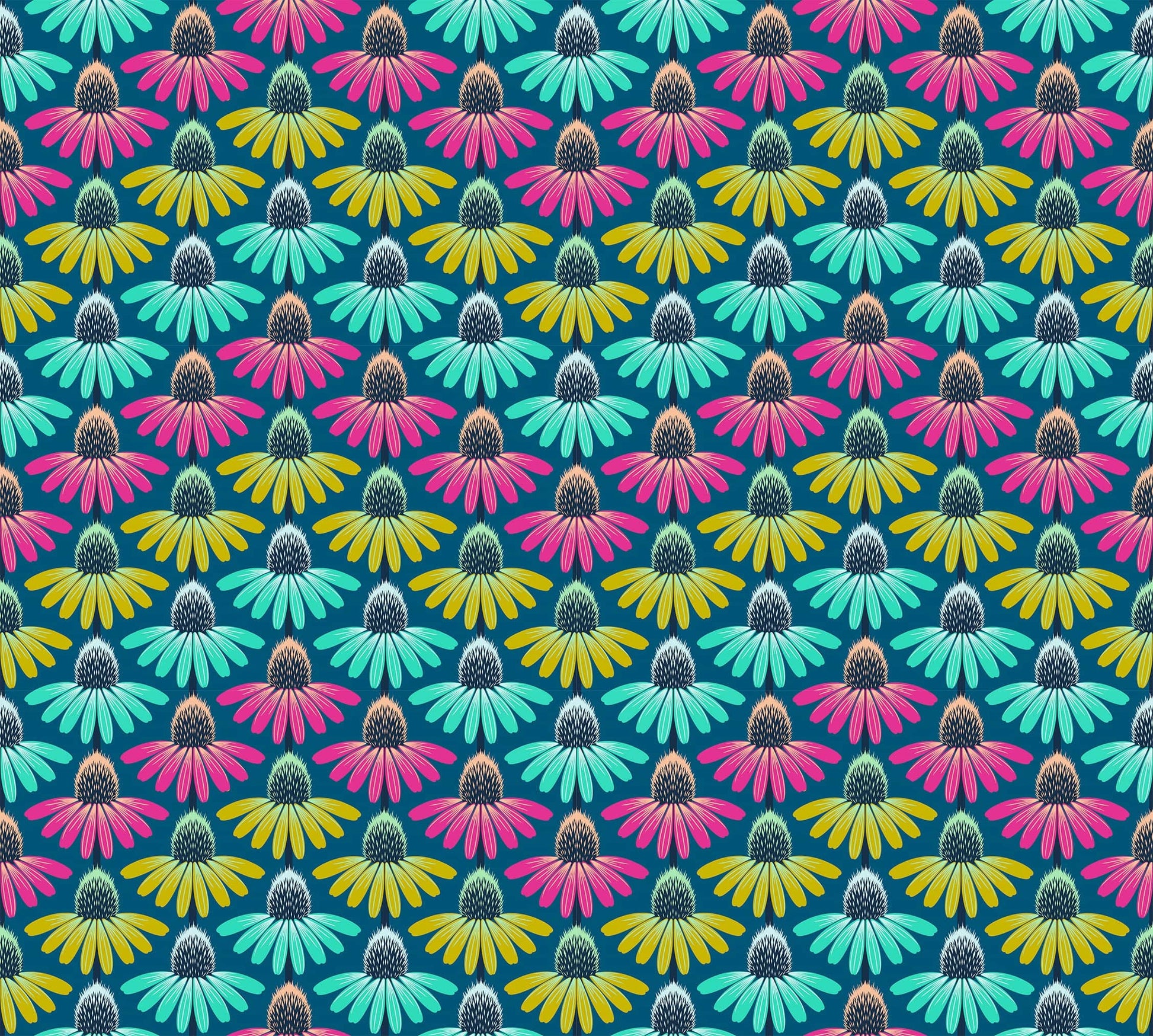 A closeup shot of the quilting fabric pattern called Echinacea Rhythm, designed by Anna Maria Parry, in the parade colorway. The SKU is AMT136-86C.