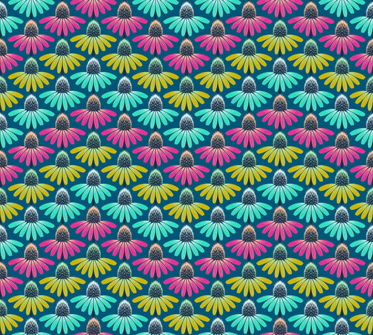 A closeup shot of the quilting fabric pattern called Echinacea Rhythm, designed by Anna Maria Parry, in the parade colorway. The SKU is AMT136-86C.