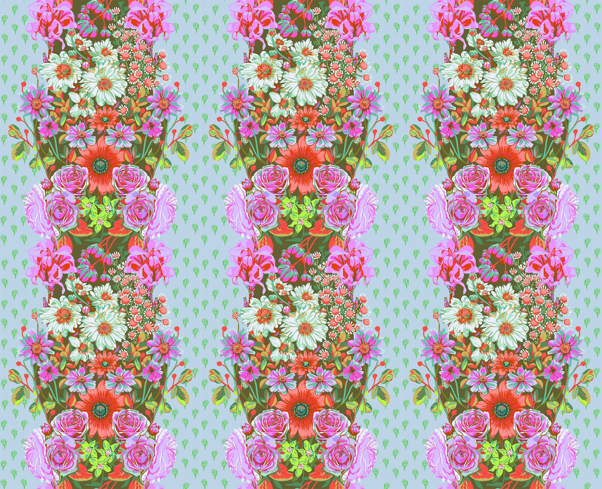 A closeup shot of the quilting fabric pattern called Beata's Garden, designed by Anna Maria Parry, in the seafoam colorway. The SKU is AMT137-78V.