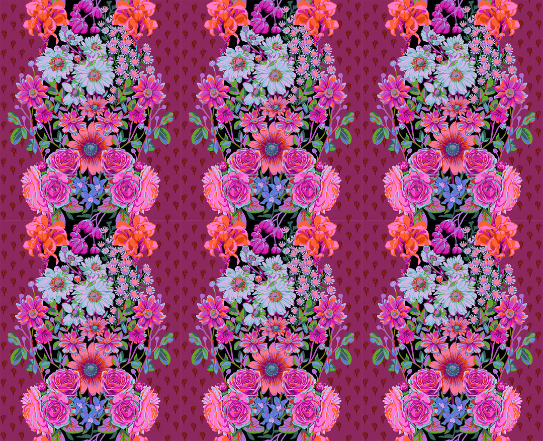 A closeup shot of the quilting fabric pattern called Beata's Garden, designed by Anna Maria Parry, in the plum colorway. The SKU is AMT137-84L.