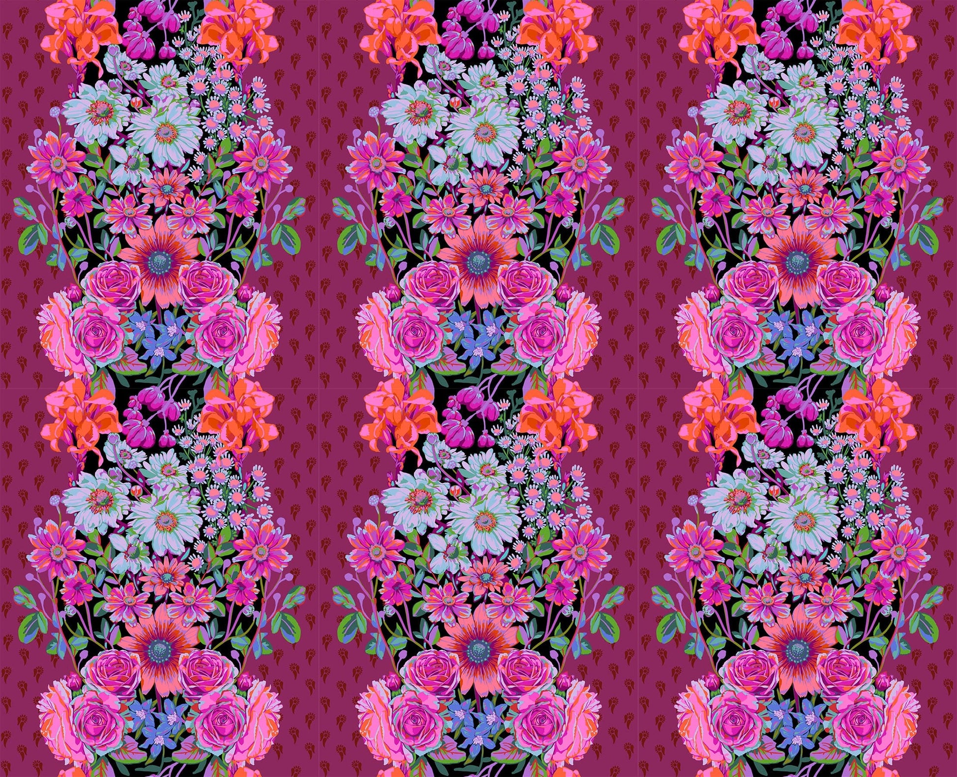 A closeup shot of the quilting fabric pattern called Beata's Garden, designed by Anna Maria Parry, in the plum colorway. The SKU is AMT137-84L.