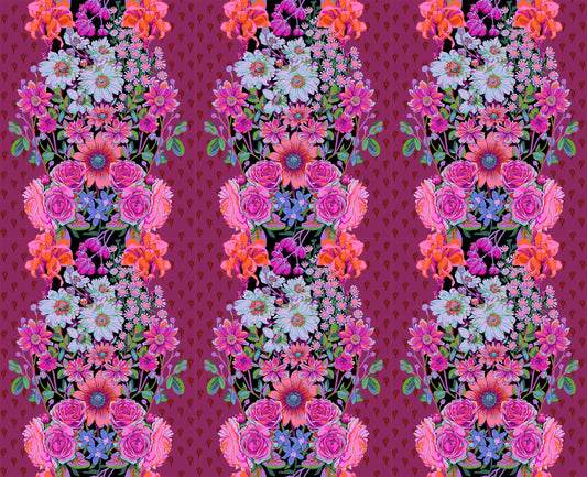 A closeup shot of the quilting fabric pattern called Beata's Garden, designed by Anna Maria Parry, in the plum colorway. The SKU is AMT137-84L.