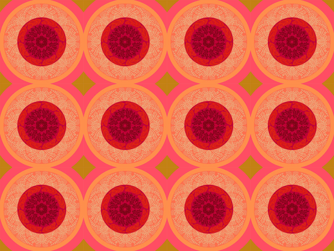 A closeup shot of the quilting fabric pattern called Doily, designed by Anna Maria Parry, in the taffy colorway. The SKU is AMT138-38C.