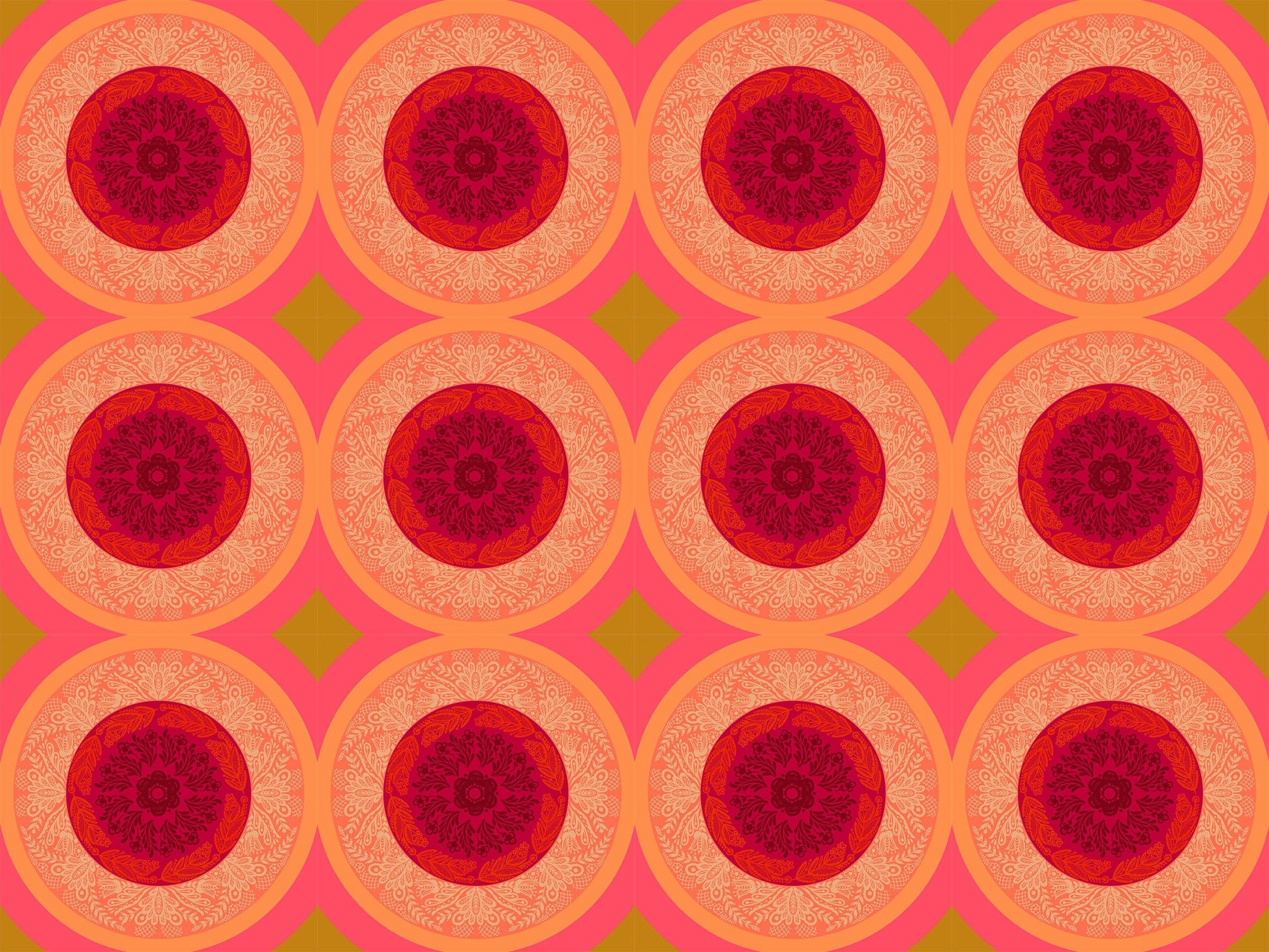 A closeup shot of the quilting fabric pattern called Doily, designed by Anna Maria Parry, in the taffy colorway. The SKU is AMT138-38C.