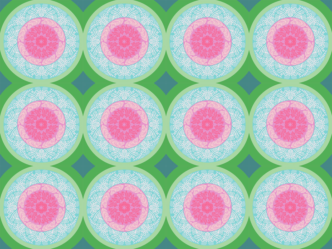A closeup shot of the quilting fabric pattern called Doily, designed by Anna Maria Parry, in the powder colorway. The SKU is AMT138-78V.