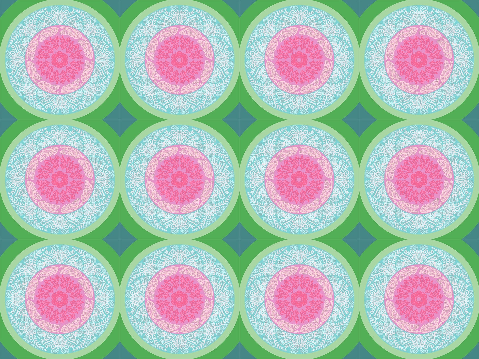 A closeup shot of the quilting fabric pattern called Doily, designed by Anna Maria Parry, in the powder colorway. The SKU is AMT138-78V.