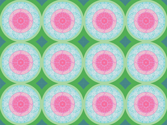 A closeup shot of the quilting fabric pattern called Doily, designed by Anna Maria Parry, in the powder colorway. The SKU is AMT138-78V.