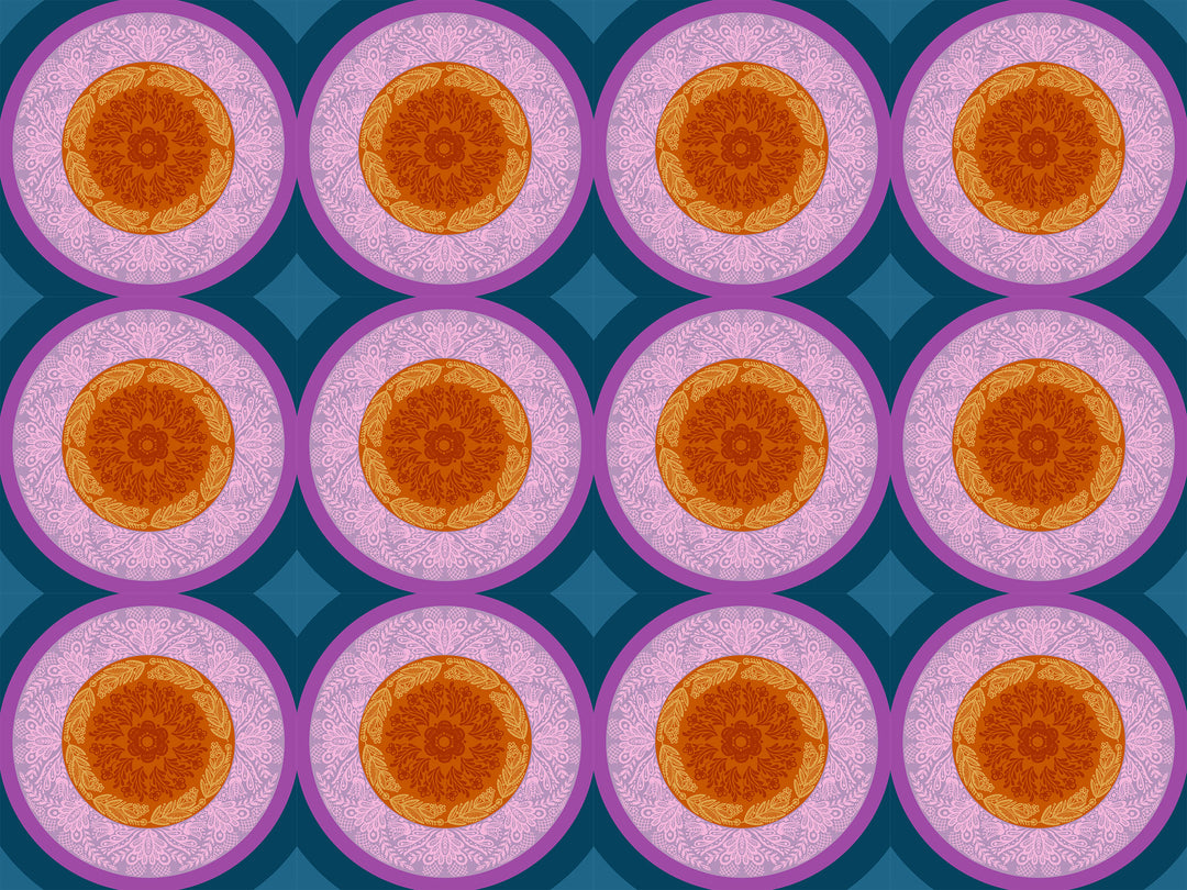 A closeup shot of the quilting fabric pattern called Doily, designed by Anna Maria Parry, in the amber colorway. The SKU is AMT138-82L.